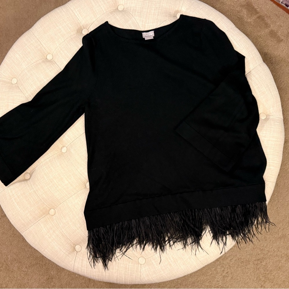 Chico's Classic Black Top with feather trim accent